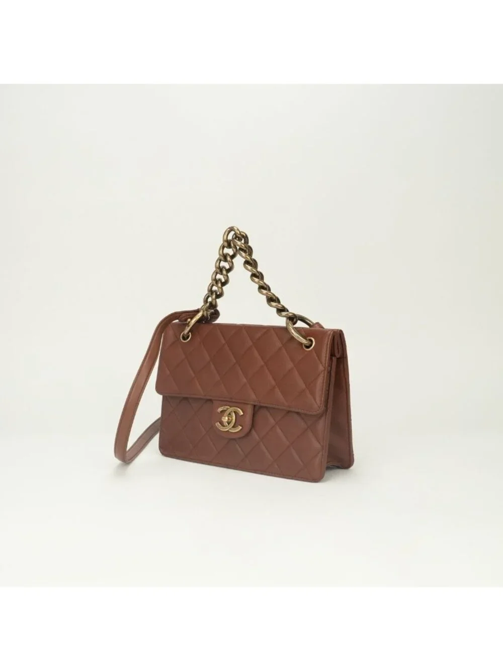 Chanel Quilted Tote Shoulder Bag Caviar Leather Brown Gold CC Logo Turnlock